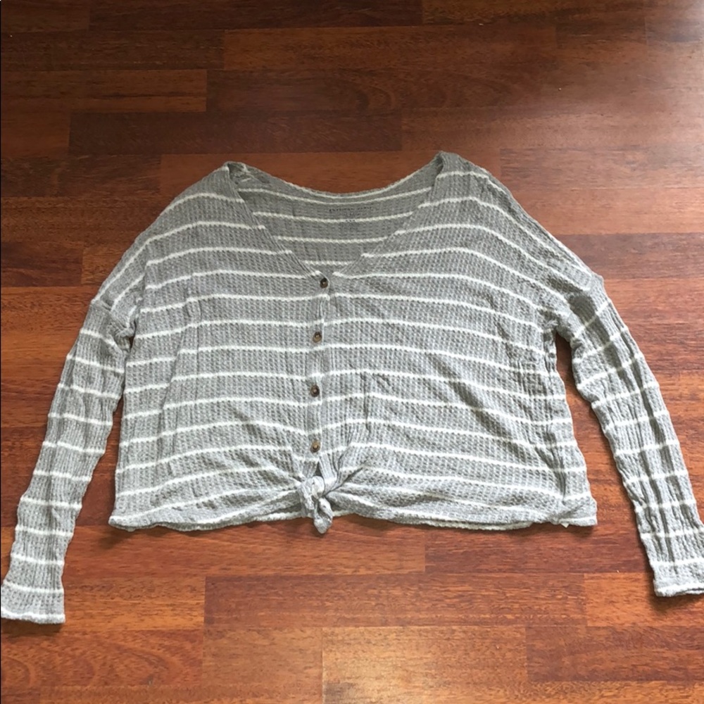 Grey Striped American Eagle Tie Front Sweater